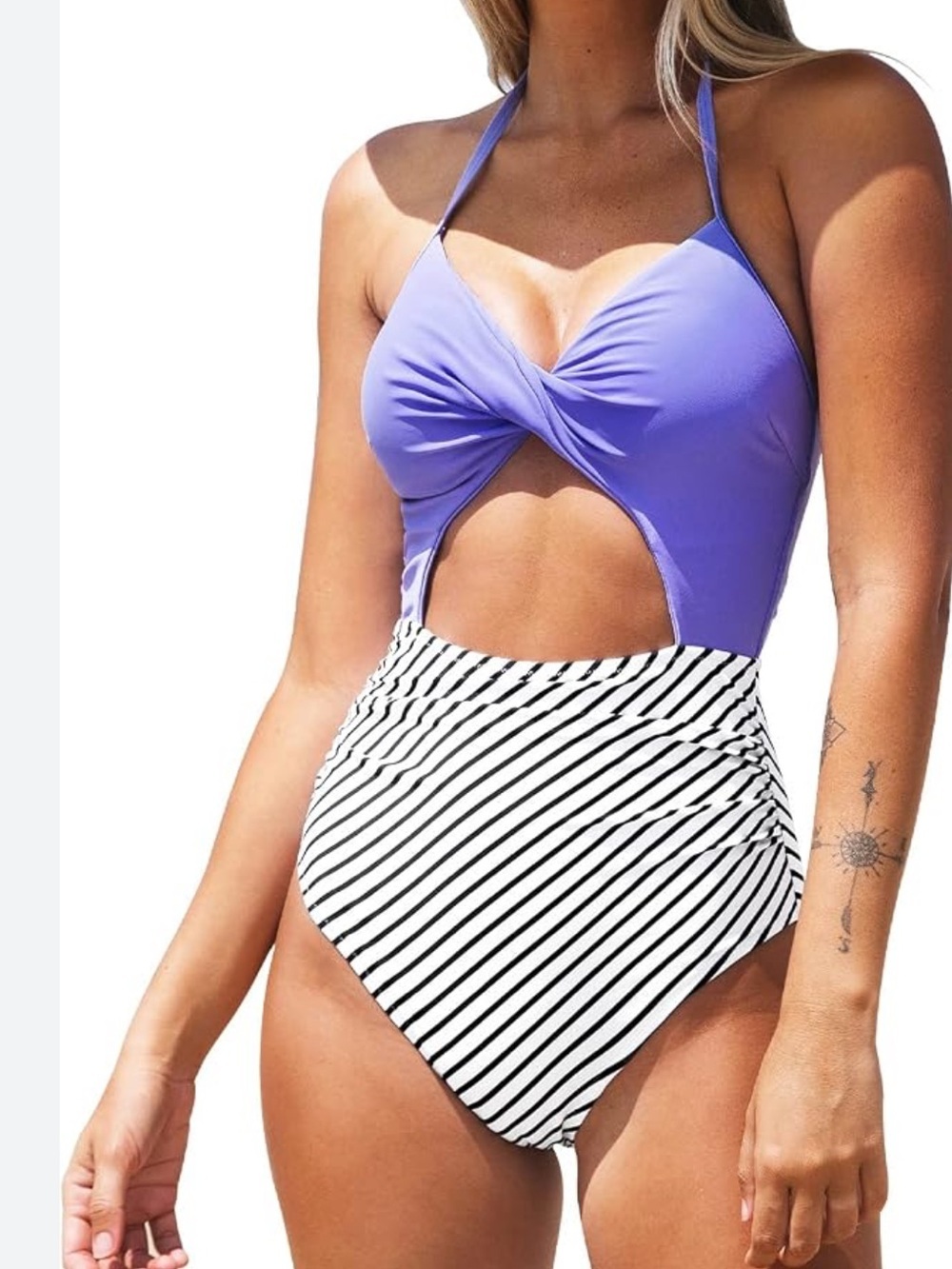 CUPSHE Cutout Twist Halter One-Piece Swimsuit - Striped & Periwinkle L